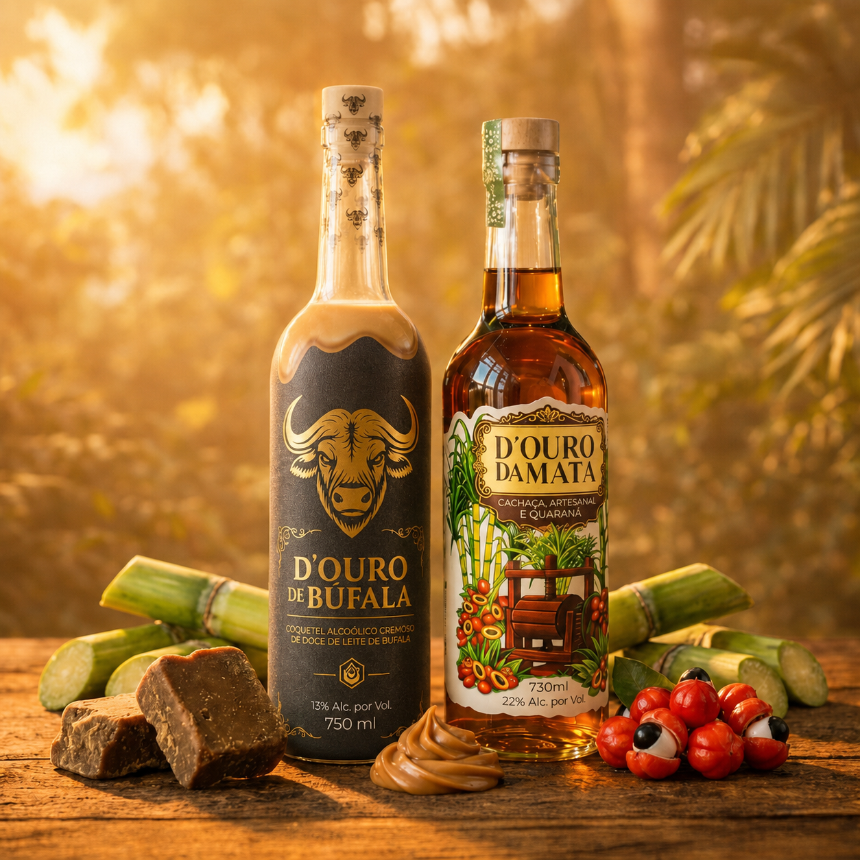 Combo com as garrafas D'Ouro da Mata e D'Ouro de Búfala com cana-de-açúcar, rapadura e guaraná