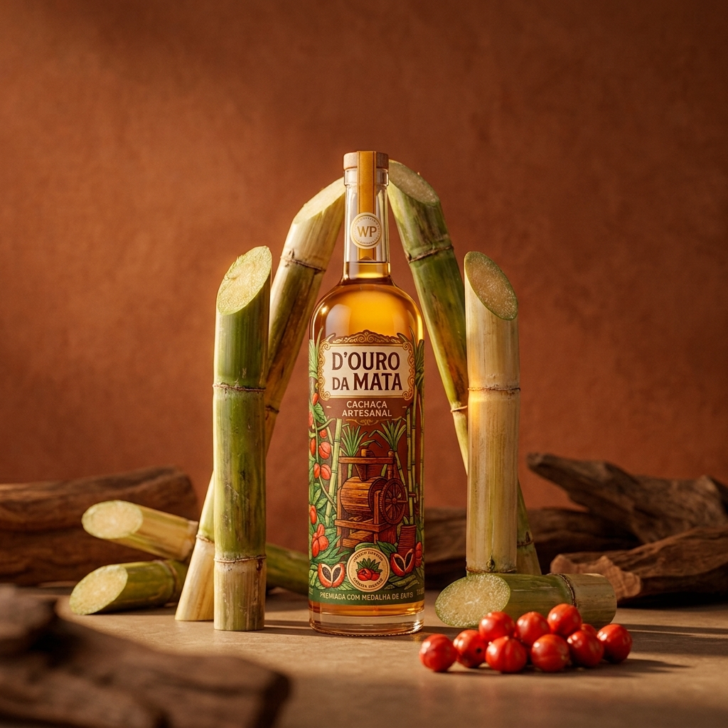 Garrafa D'Ouro da Mata com cana-de-açúcar, rapadura e guaraná sobre madeira