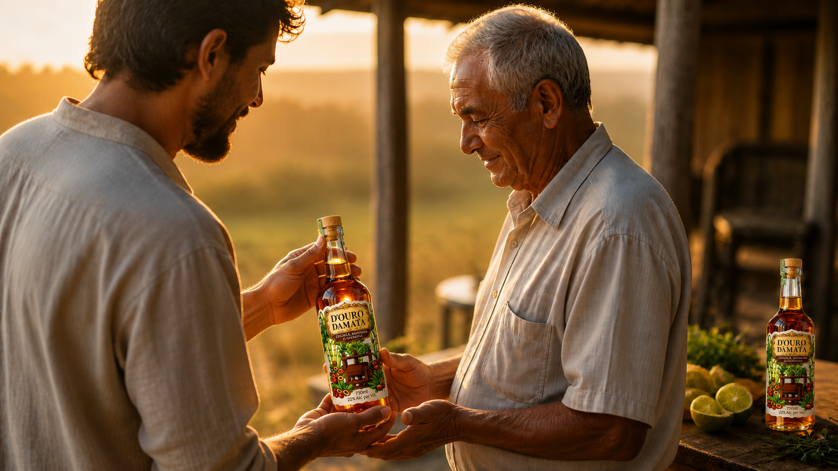 Filho presenteando o pai com uma garrafa de licor D'Ouro da Mata em uma varanda no campo ao entardecer