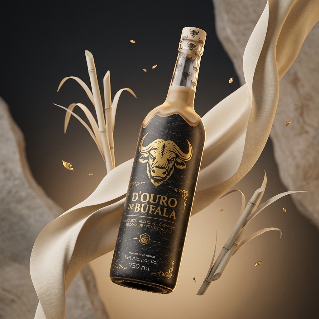 Garrafa D'Ouro de Búfala em composição editorial com esferas douradas e folhagem