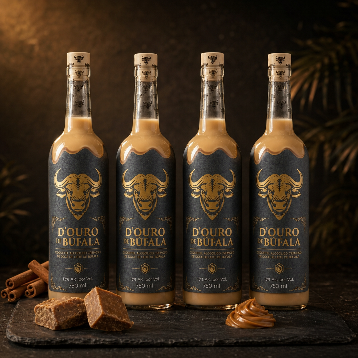 Quatro garrafas de D'Ouro de Búfala 750ml com canela e doce de leite