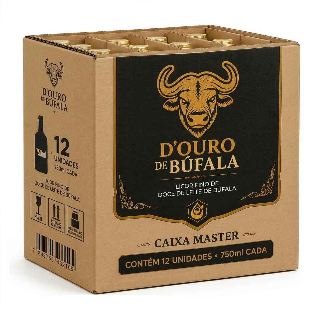 Caixa master fechada com doze garrafas de D'Ouro de Búfala 750ml