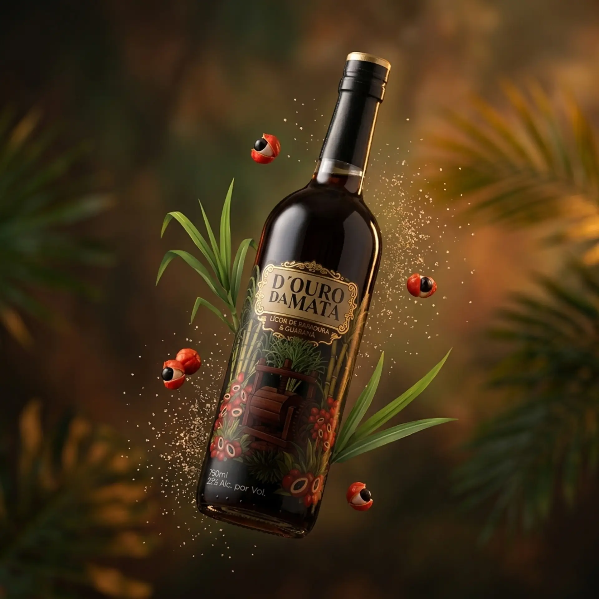 Garrafa D'Ouro da Mata flutuando entre folhas e frutos de guaraná